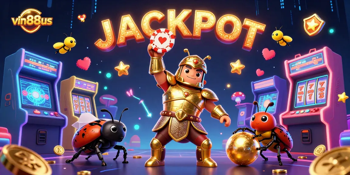 Experience vin88us excitement as a victorious beetle lifts a poker chip amidst dazzling casino elements.