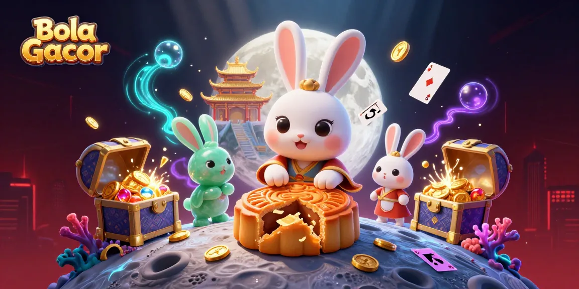 Bola Gacor showcases the vibrant world of gaming with a moon rabbit scene, dazzling decorations, and dynamic playing cards.
