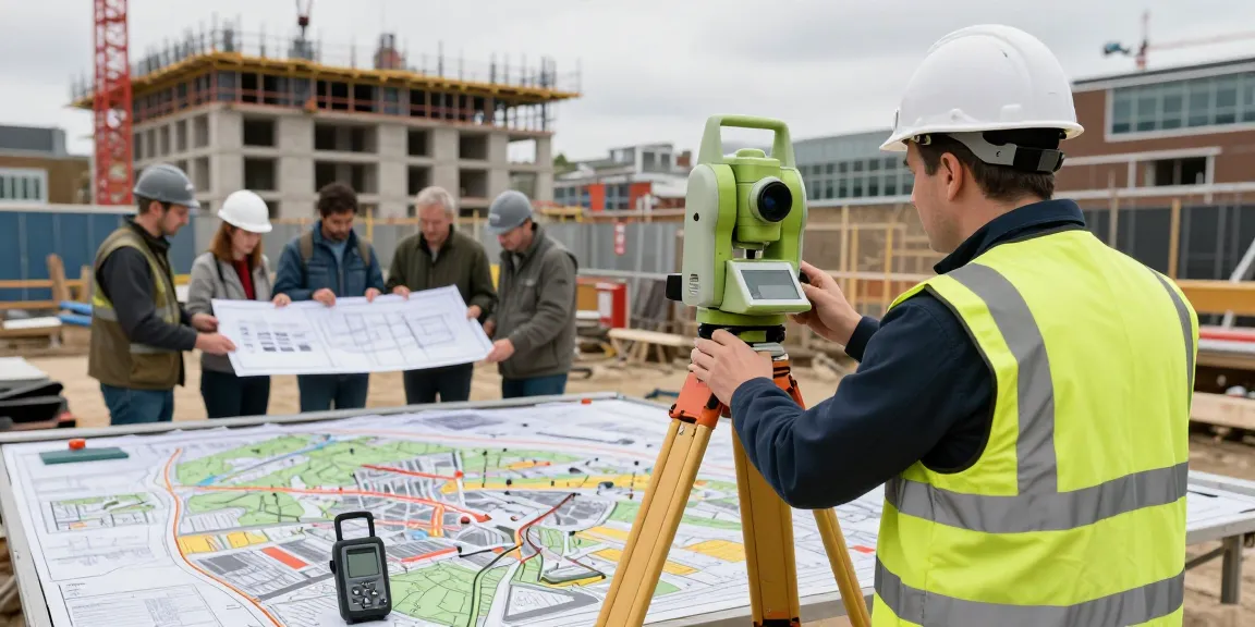 Surveyor conducting topographical land surveys london on a construction site, demonstrating professional surveying technology.