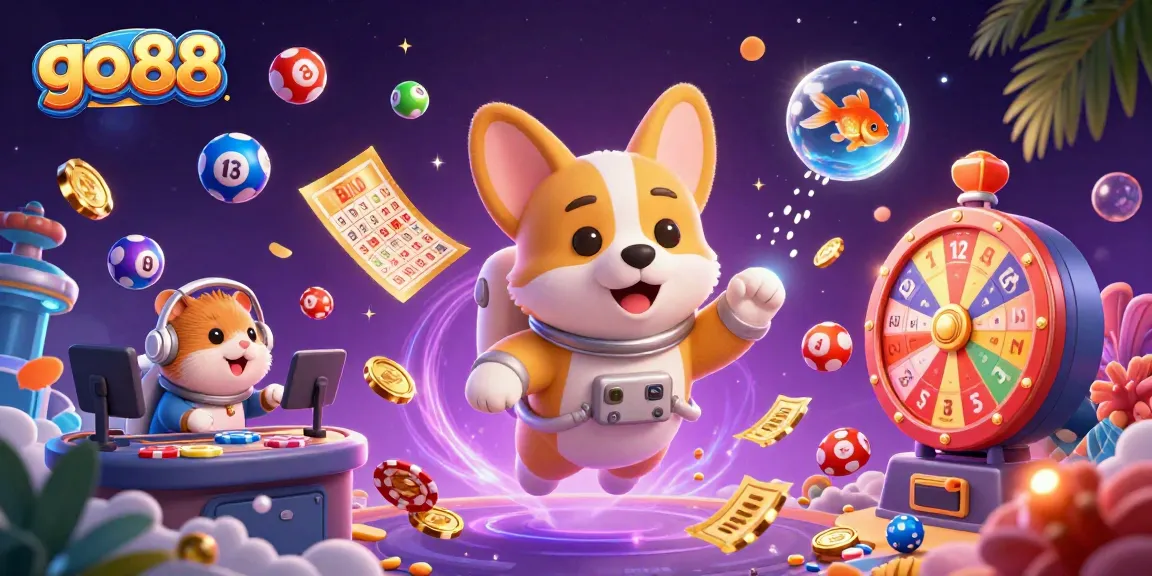 Experience the excitement of go 88 as a corgi astronaut engages in casino activities amidst floating lottery elements.