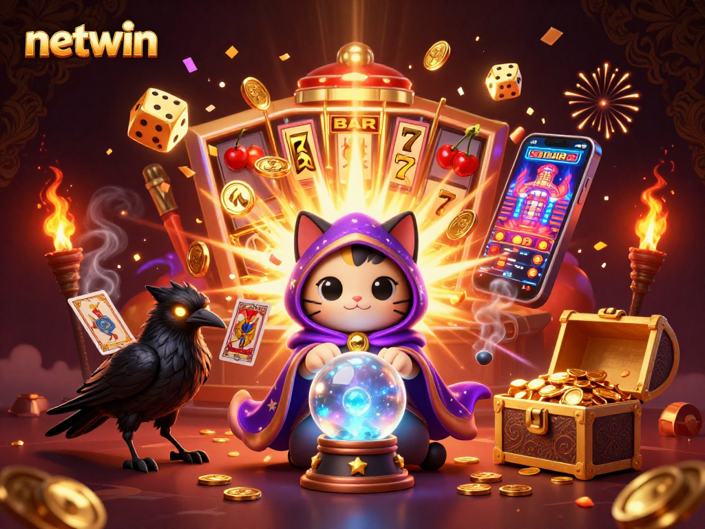 Experience exciting online gaming with netwin featuring a fortune teller cat and a slot machine jackpot