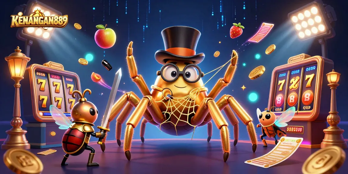 Engage with KENANGAN889 in this dynamic illustration showcasing a golden tarantula weaving a jackpot web.