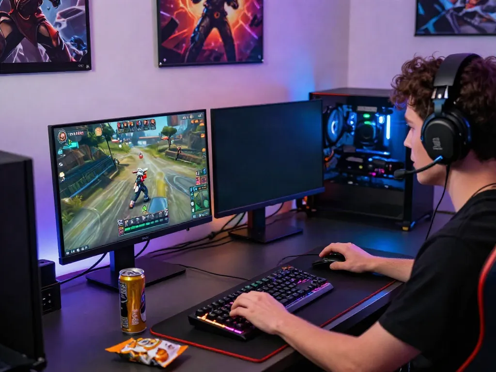 Engaging gamer immersed in exciting gameplay with qqmacan alternatif setup, vibrant RGB lighting, and gaming peripherals.