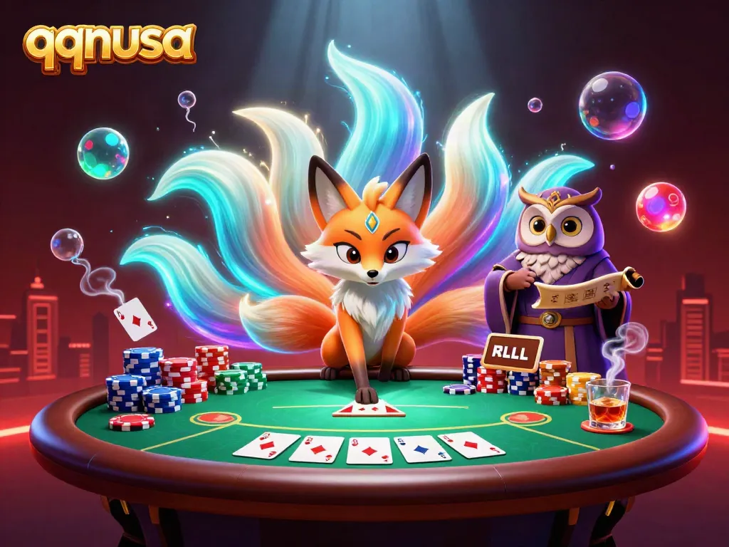 Experience thrilling gameplay with qqnusa's vibrant casino-themed illustration featuring colorful characters and poker elements.