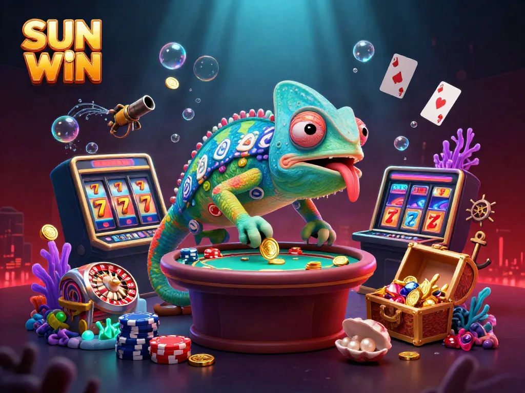 Experience the excitement of SUN WIN with a vibrant 3D chameleon casino owner surrounded by dynamic gaming elements.