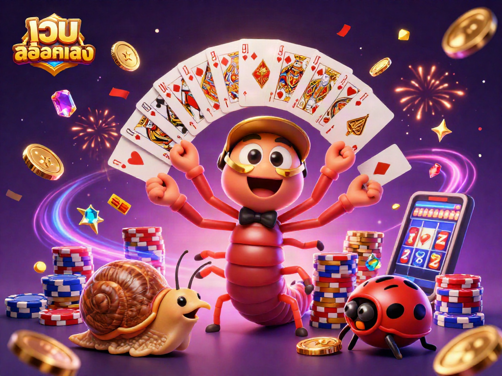 Engage with เว็บสล็อตตรง as the whimsical millipede dealer dazzles with cards and chip stacks.