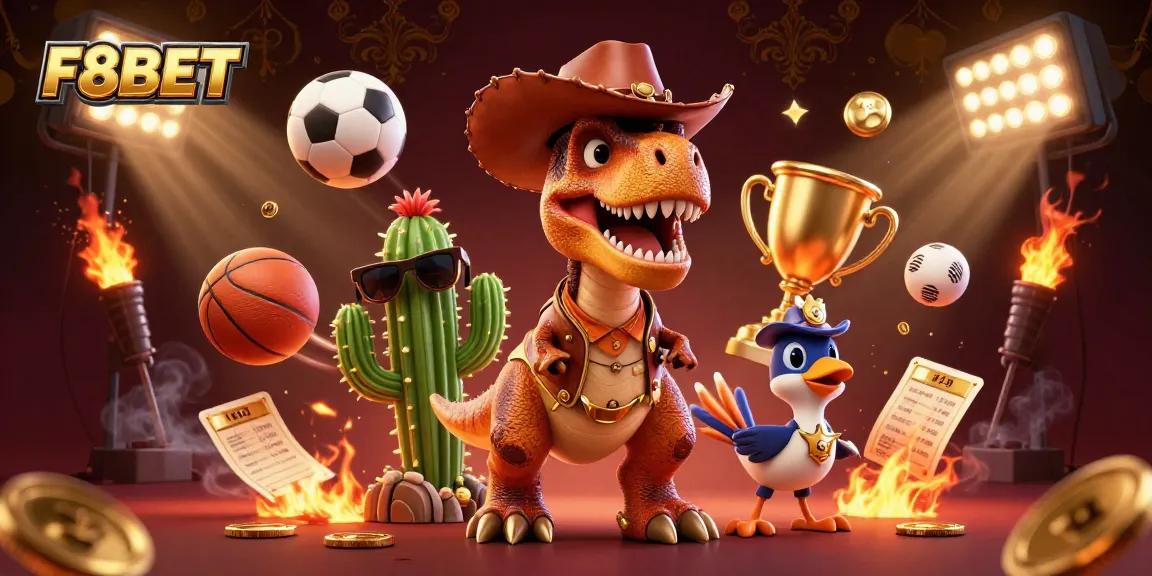 Engage with F8BET, where the cowboy dinosaur, cactus sidekick, and roadrunner celebrate thrilling betting experiences.