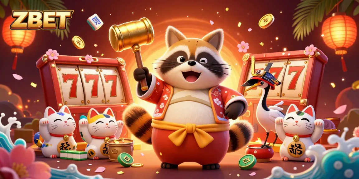ZBET showcases a vibrant 3D casino scene with a cheerful tanuki and lucky symbols, enhancing your gambling experience.