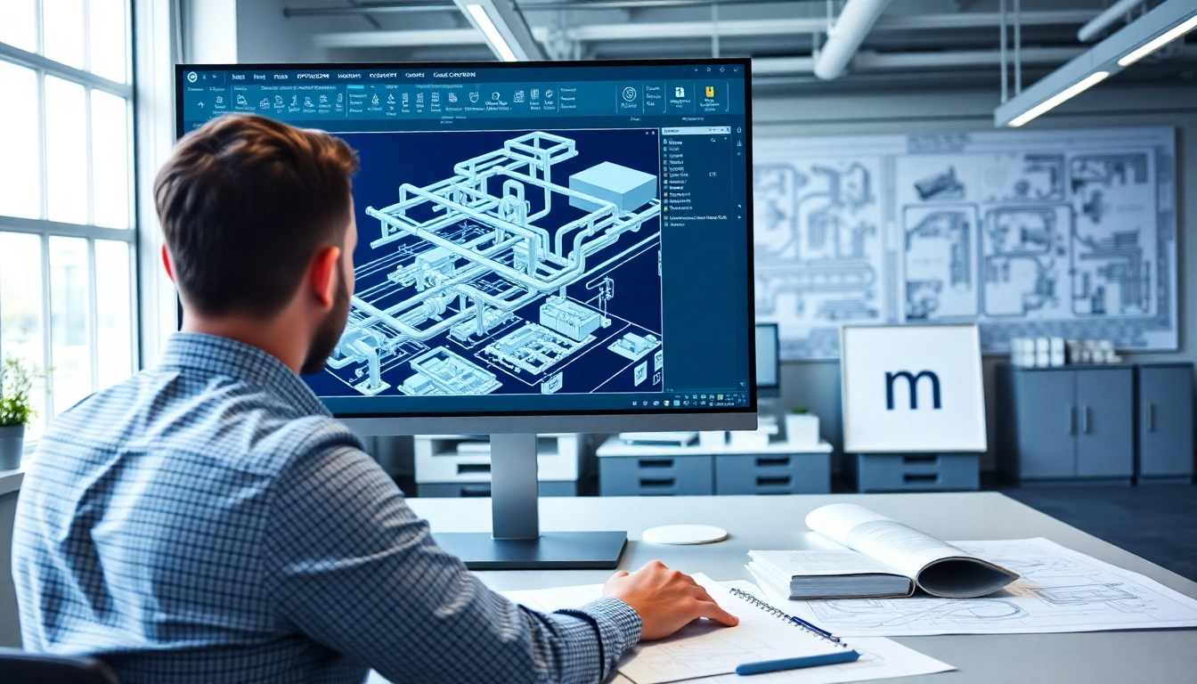 Engaging visualization of a Plant 3D piping design process in an engineering office setting.