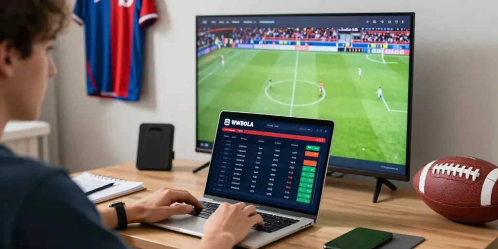 WWBOLA platform user interacting with high-odds sports betting interface in a dynamic home setting.