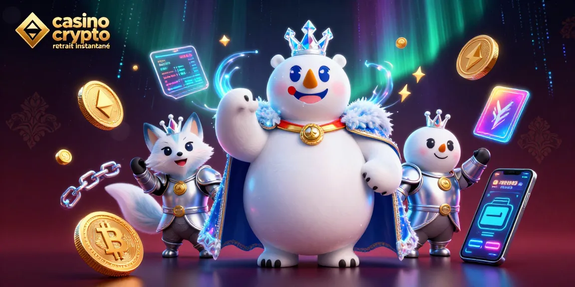 Casino crypto retrait instantané : un ours polaire royal et un renard en armure, entourés de cryptomonnaies scintillantes.