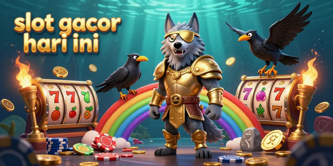 Experience slot gacor hari ini with Odin the wolf and ravens amidst slot symbols and casino chips.