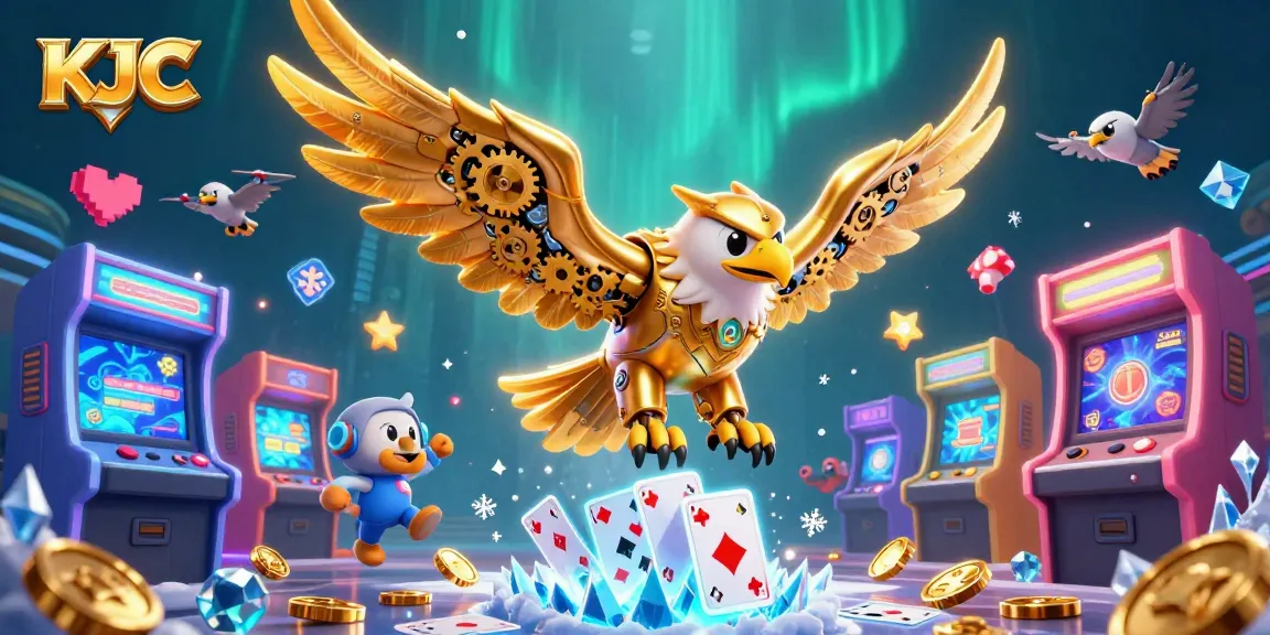 Experience the thrilling gaming elements of KJC with a golden eagle soaring through holographic cards.