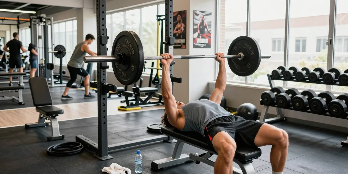 Energetic gym scene showcasing Prime Pharma Steroids user performing bench press surrounded by workout gear