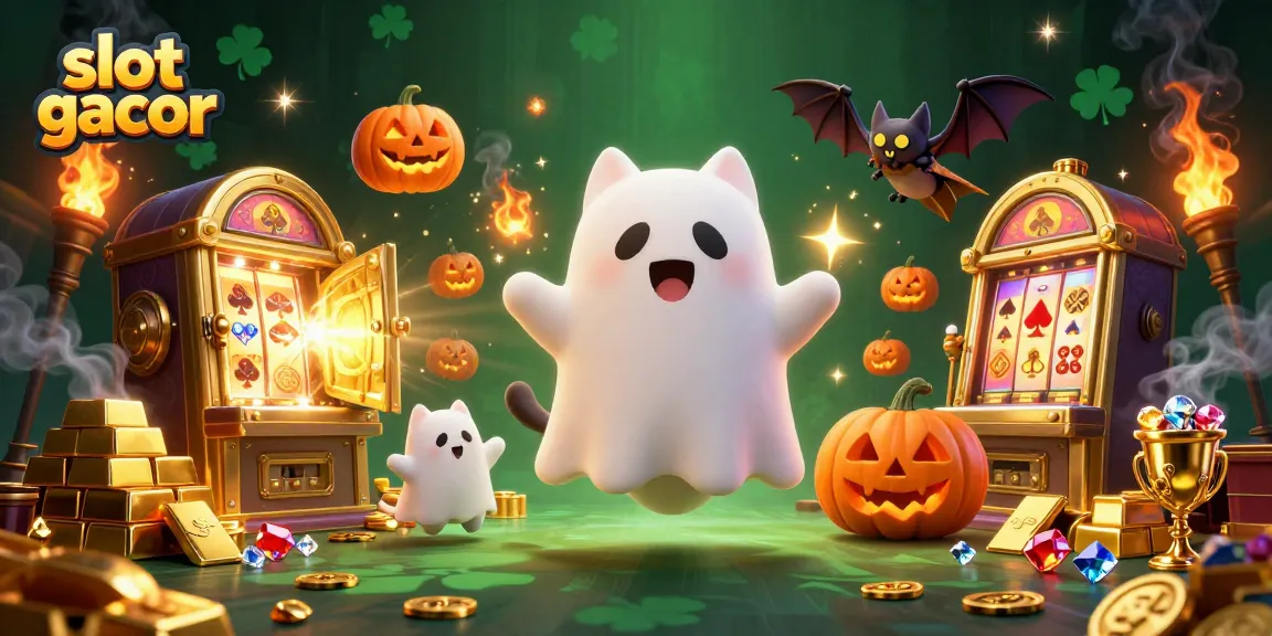 Gambaran slot gacor dengan kucing hantu dan vampir, mengelilingi kekayaan kasino atmosferis.