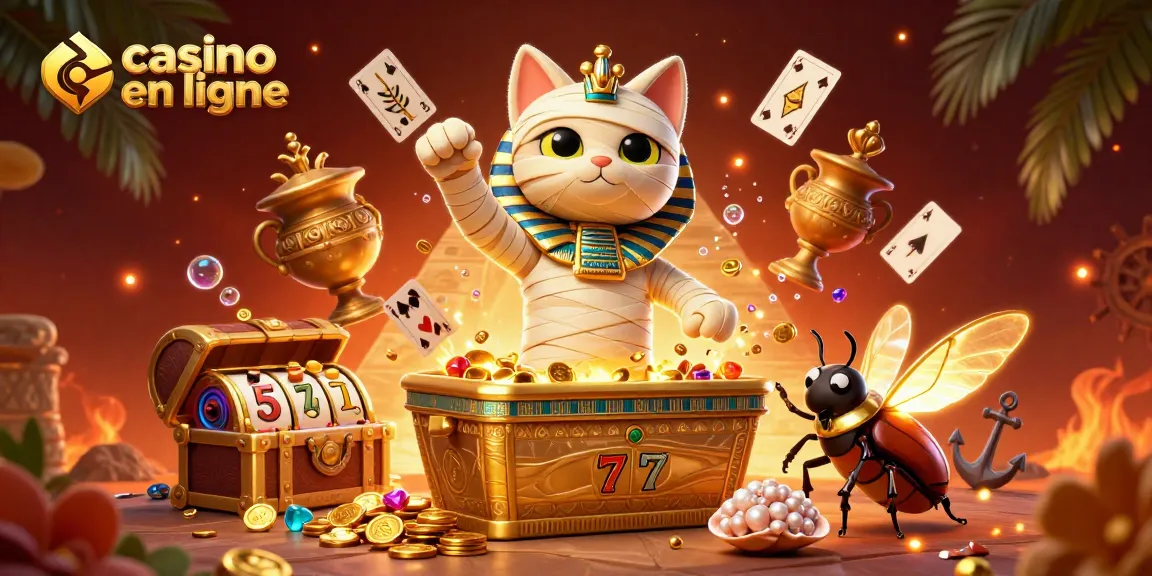 Cartoon de casino en ligne avec un chat momie égyptien explosant de son sarcophage doré.