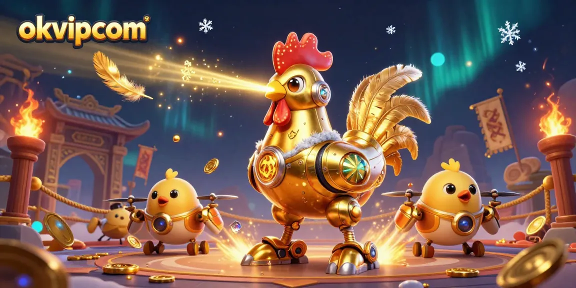 Experience the thrill of gaming at okvipcom with a golden rooster robot and baby chick drones in an exciting 3D adventure.
