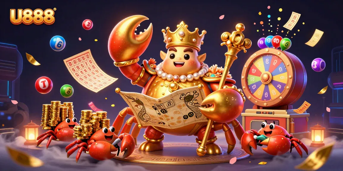 Experience vibrant gaming with U888's treasure-themed illustration featuring a golden crab emperor and colorful lottery elements.