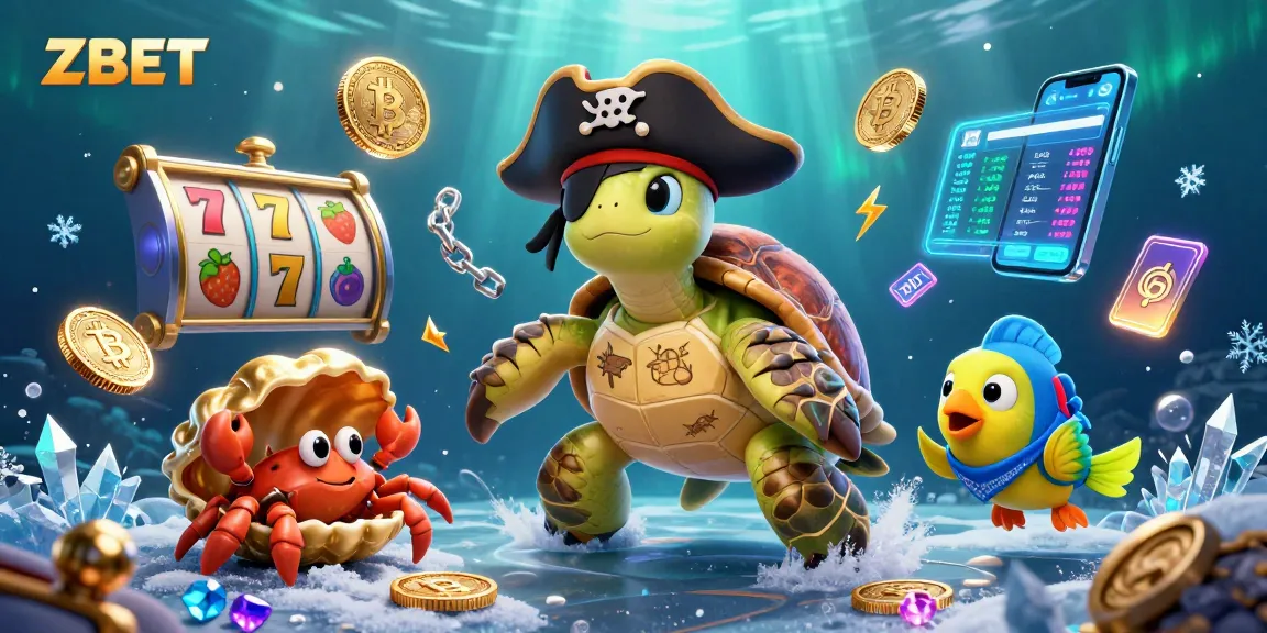 ZBET casino adventure featuring a pirate turtle and crypto coins amidst slot machines and treasures