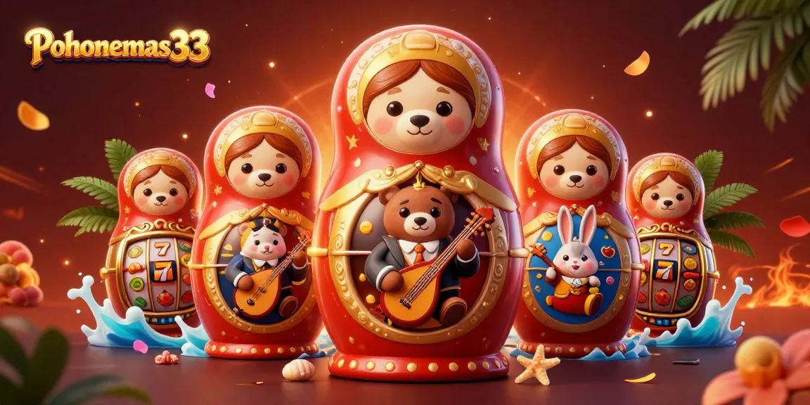 Pohonemas33 showcases a festive 3D scene with cartoon bears and casino elements, celebrating vibrant gambling culture.