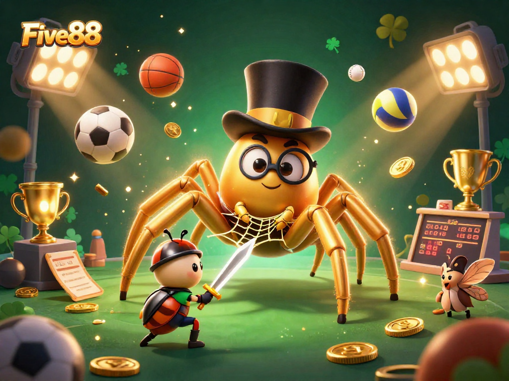 Engage in thrilling gameplay at Five88 with a golden tarantula and brave beetle knight in the casino.
