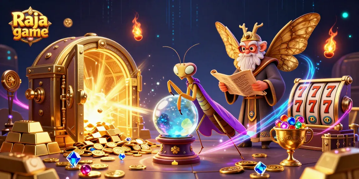 Engage in thrilling gameplay with Raja game, featuring a vibrant 3D illustration of magical characters and casino elements.