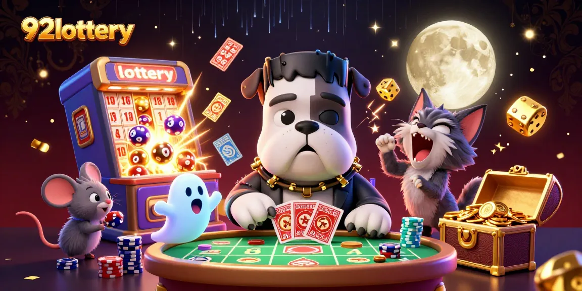 92lottery featuring a Frankenstein bulldog and werewolf kitten celebrating at a dynamic lottery table.