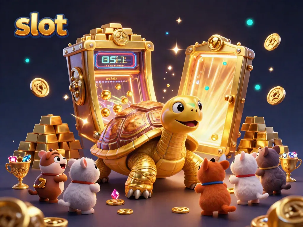 Excited animals play on a giant pinball machine tortoise in a vibrant gold-filled slot scene.