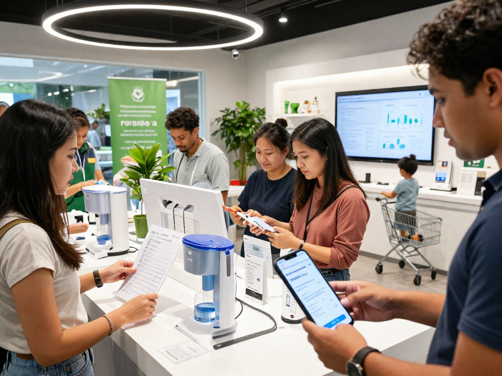 Customers exploring eco-friendly water filters at https://www.ebbfilter.com/shop in a vibrant showroom.