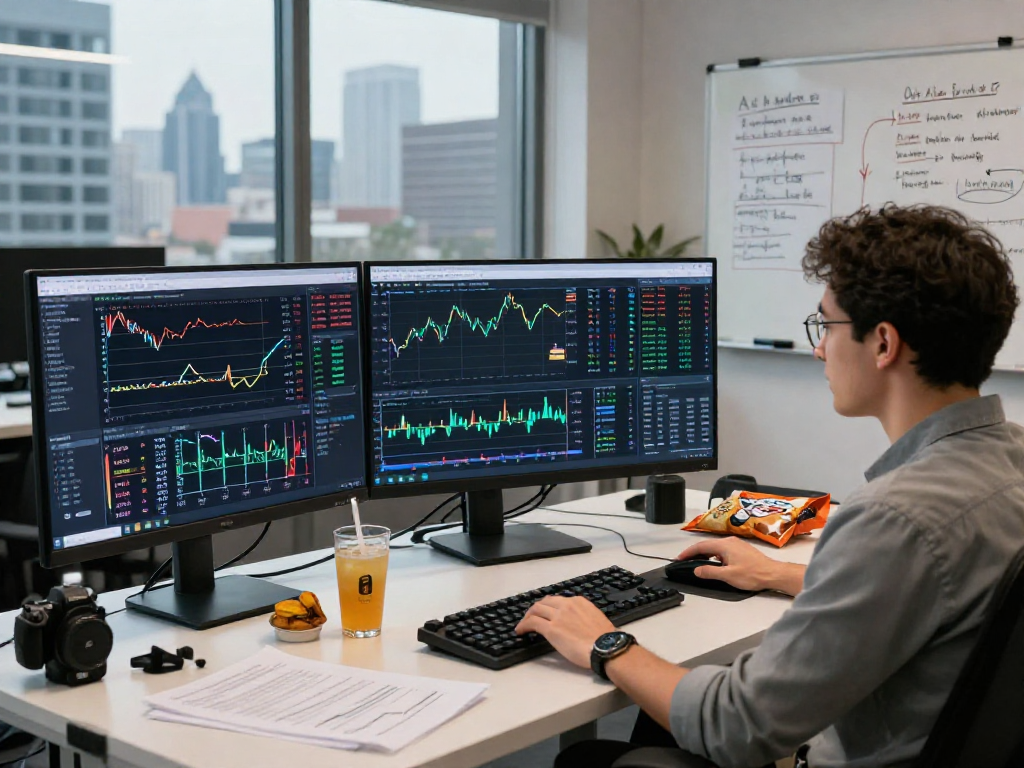 Developer analyzing CME exchange futures data feed on multiple monitors in a modern trading office.
