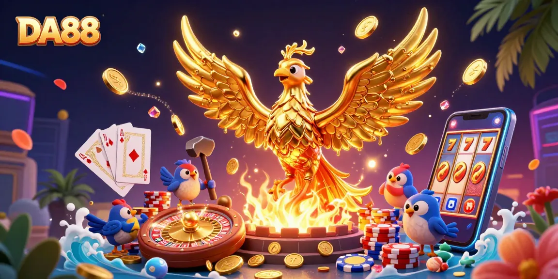 Experience the thrill of DA88 with golden phoenixes and vibrant casino elements.