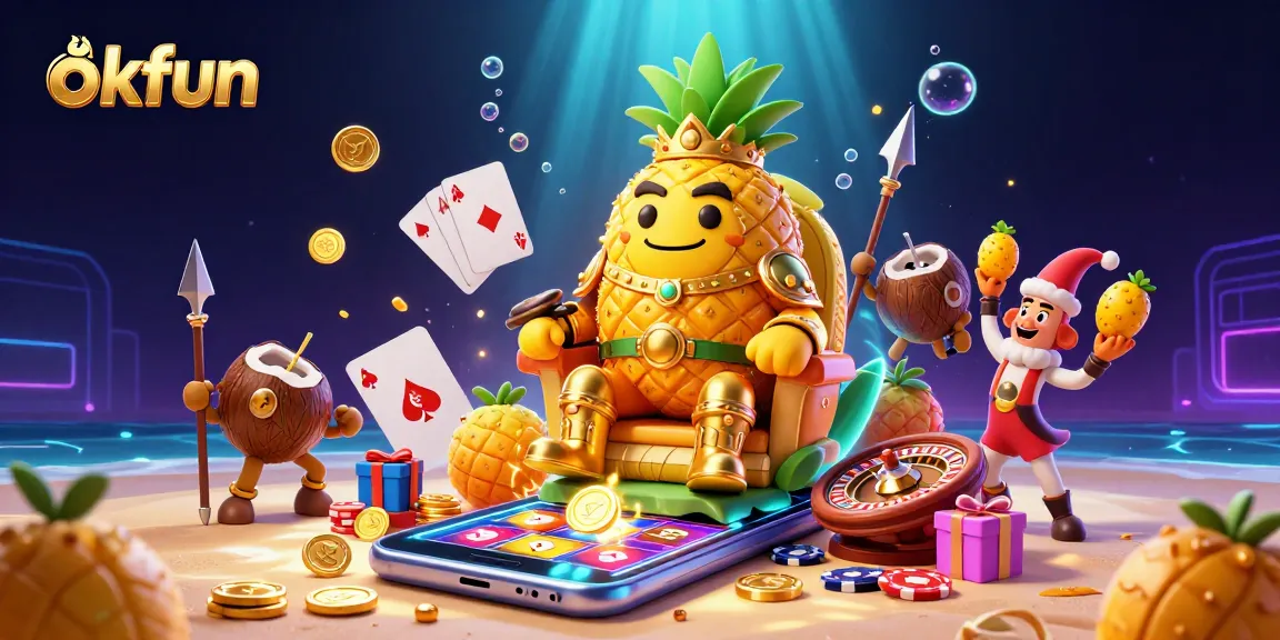 okfun's vibrant casino scene features a golden pineapple king ruling amidst colorful game elements.