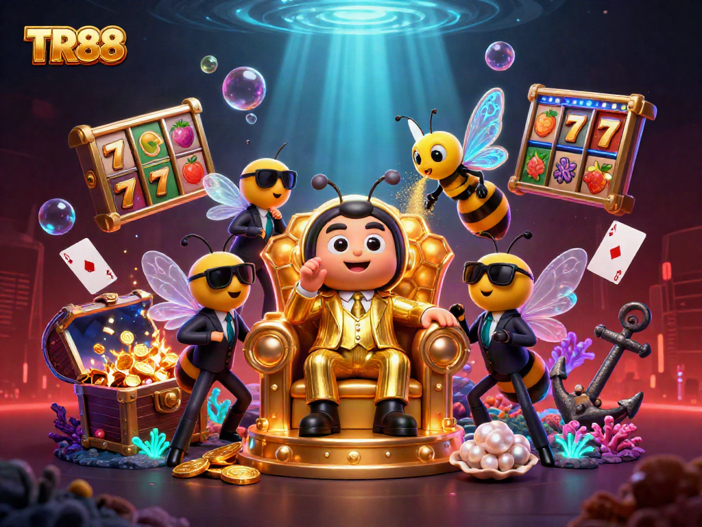Spin the reels with TR88 in an action-packed casino scene filled with vibrant gaming elements.