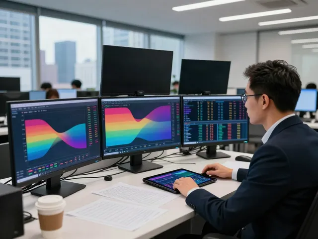 Professional trader engaged with tradingview官网 on multiple screens in a dynamic office.