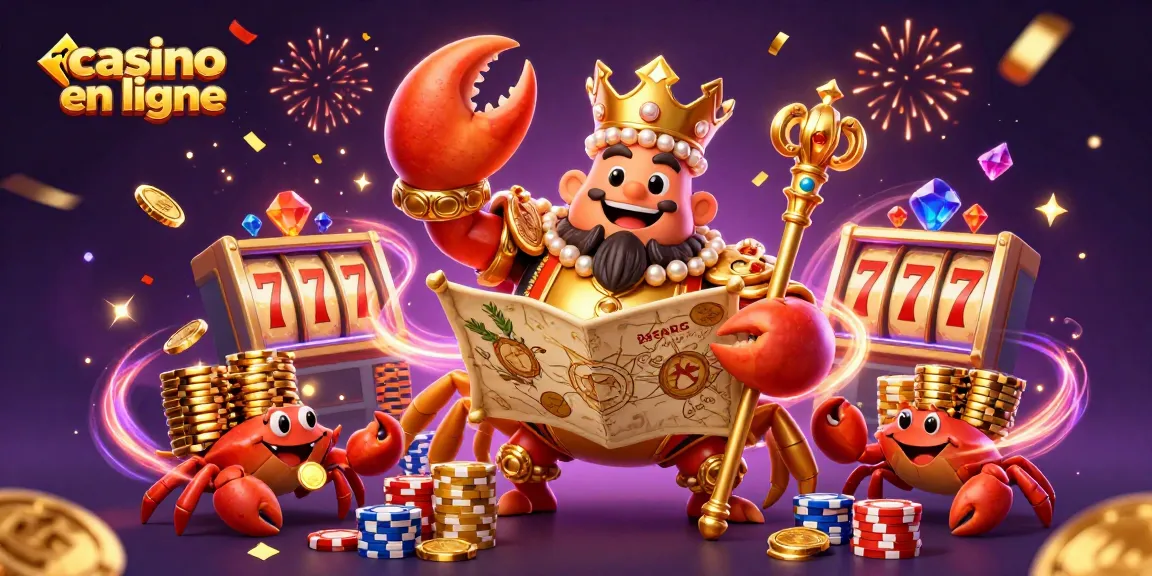 Jouez dans un casino en ligne avec un grand crabe doré, des pièces et des jetons multicolores.