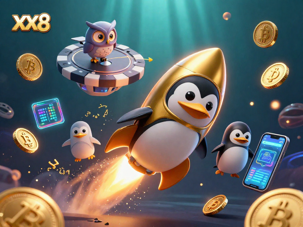 Experience the thrilling adventure of XX8, featuring a golden penguin and crypto elements in a vibrant casino scene.