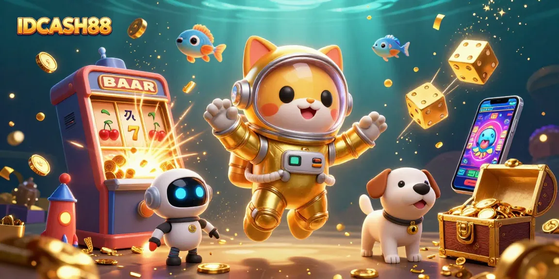 Experience the thrill of IDCASH88 with a vibrant 3D illustration showcasing dynamic casino elements and characters.