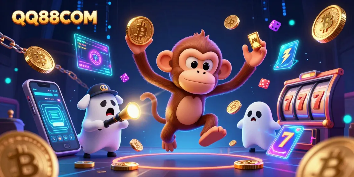 QQ88COM showcases animated characters in a vibrant casino scene with dynamic cryptocurrency elements.