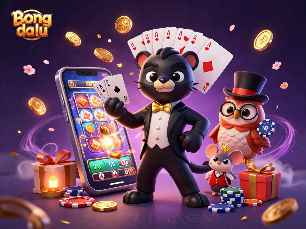 Engage with Bong da lu as a playful panther, wise owl, and lucky mouse dominate a vibrant casino scene.