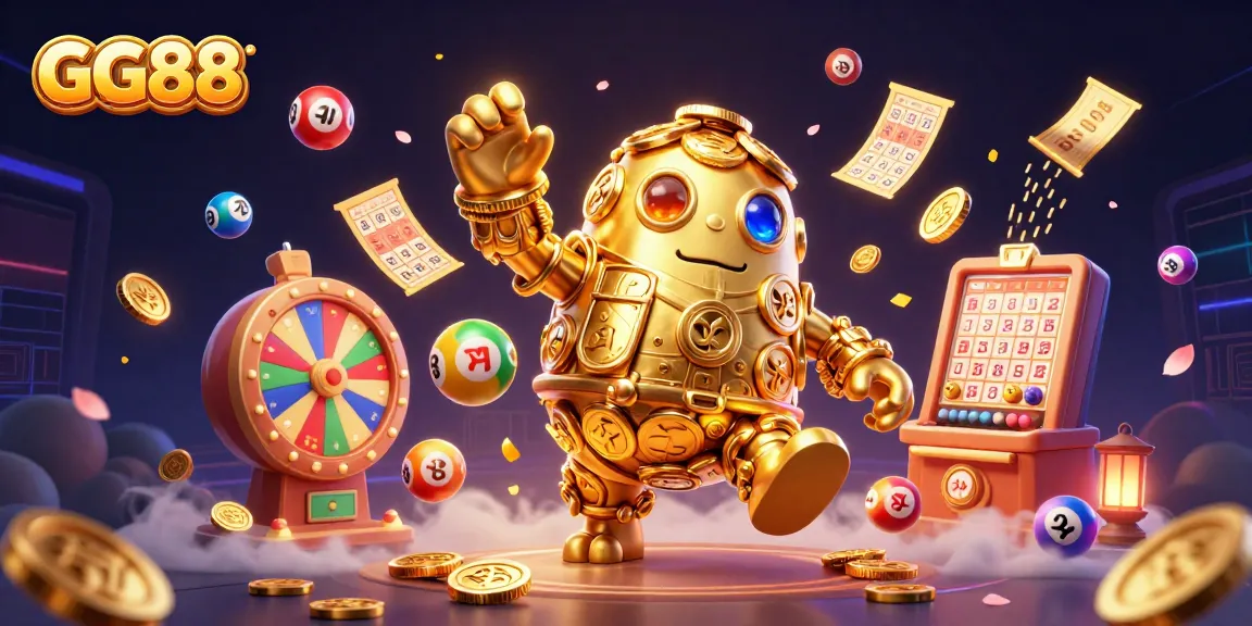Engage with GG88 in this vibrant casino illustration featuring a golden golem, slot symbols, and dynamic lottery elements.