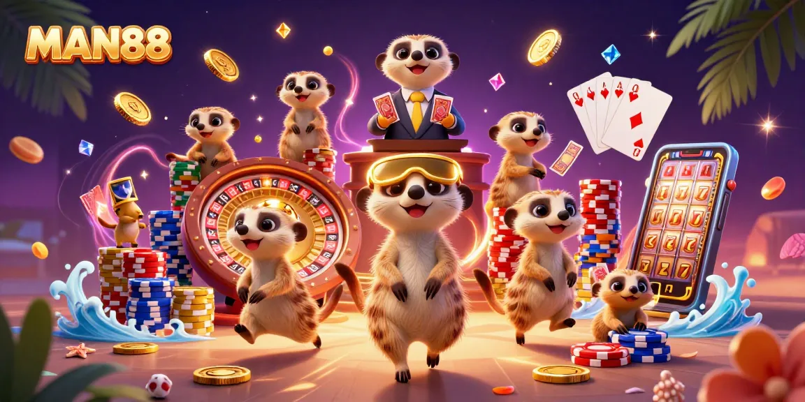 MAN88 meerkats orchestrating a lively casino scene with dazzling elements and vibrant energy.