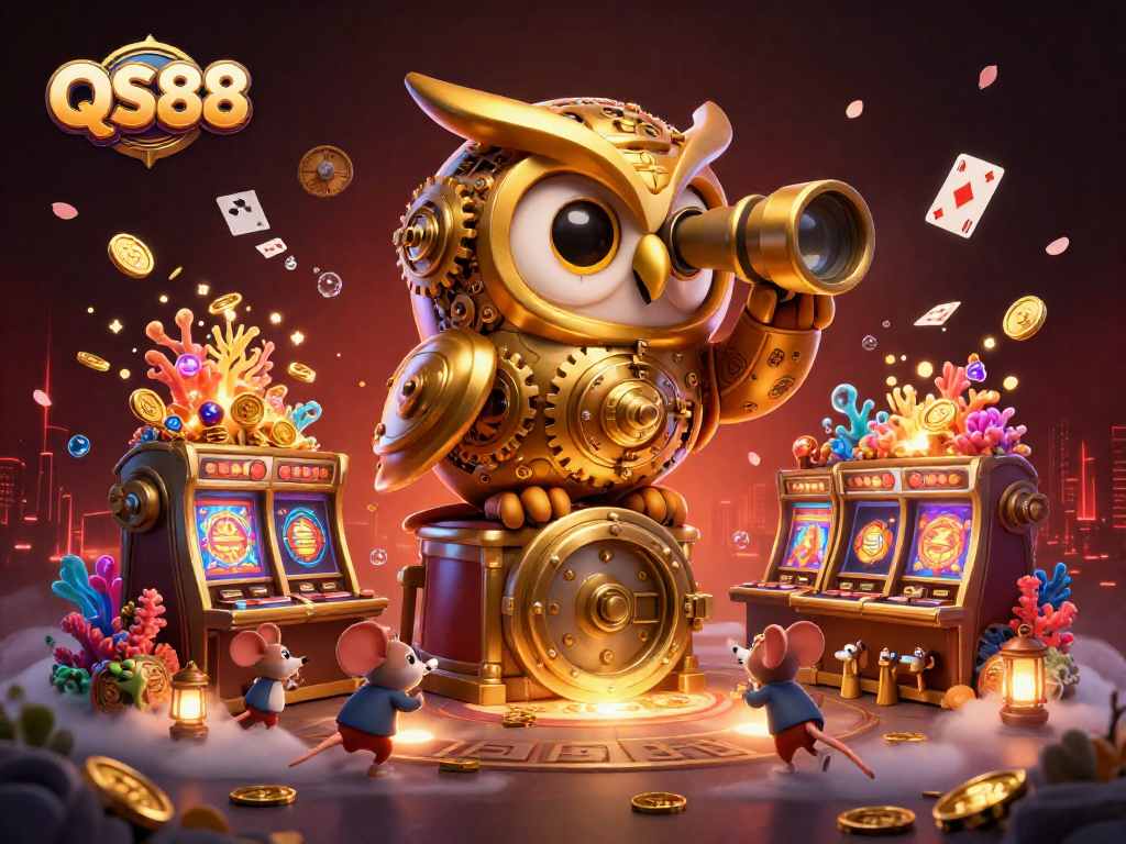 Engage with QS88 in this vibrant casino scene featuring an animated owl and whimsical mice among slot machines.