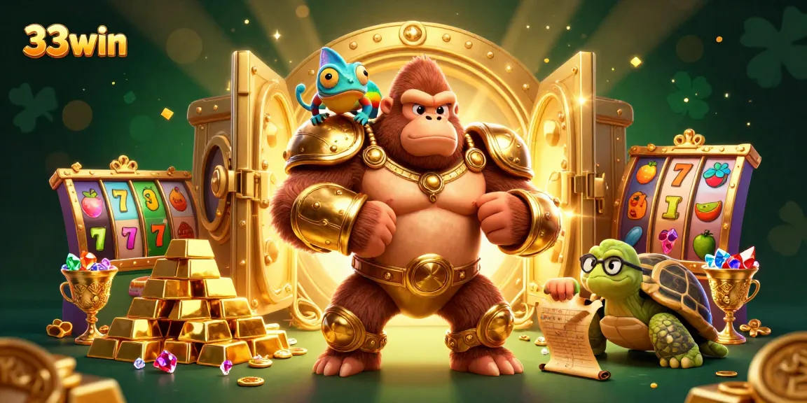 Experience the excitement of 33win with a vibrant 3D casino illustration featuring a mighty gorilla king.