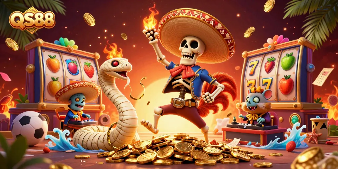 Experience excitement at QS88 with a 3D vibrant casino scene featuring a dancing mariachi rooster and lively game elements.