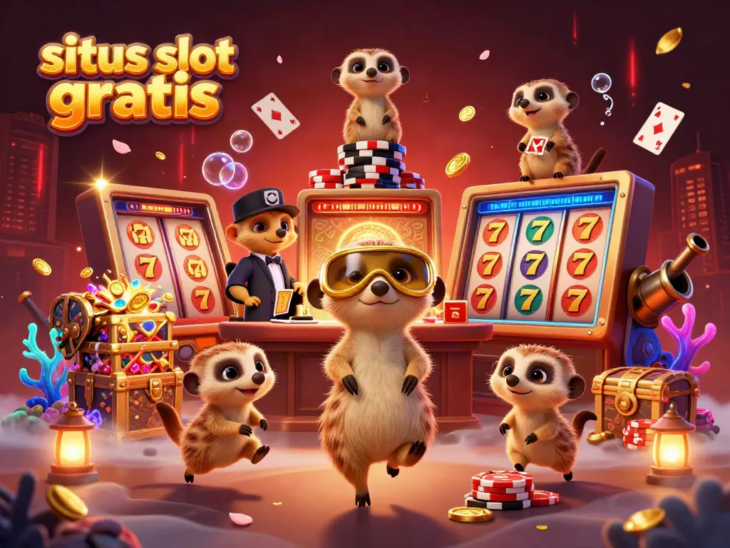 Engaging scene of meerkats at a casino, showcasing situs slot gratis action with vibrant slot reels and dynamic gameplay.