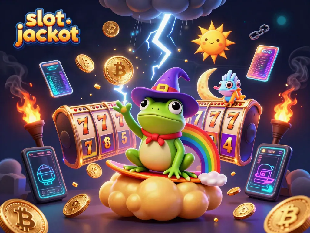 Experience a vibrant slot jackpot world with a wizard frog and chameleon surrounded by golden coins.