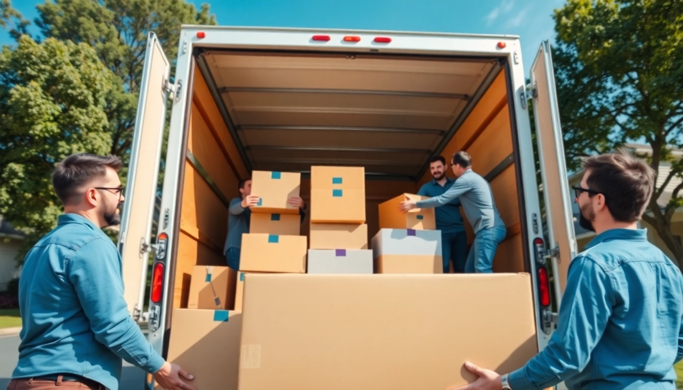 Efficient team from cullen moving and storage loading boxes into a moving truck in a bright neighborhood.