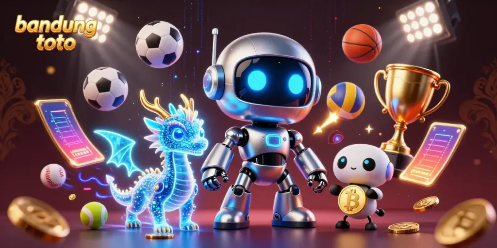 Experience the thrill of bandung toto with a vibrant 3D gaming scene of a cyberpunk mascot, AI dragon, and exciting sports elements.