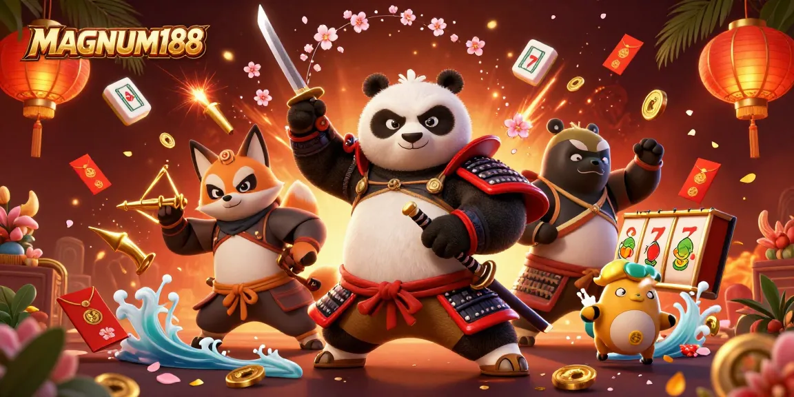 Join MAGNUM188 for thrilling slot action, featuring samurai panda and lucky symbols.