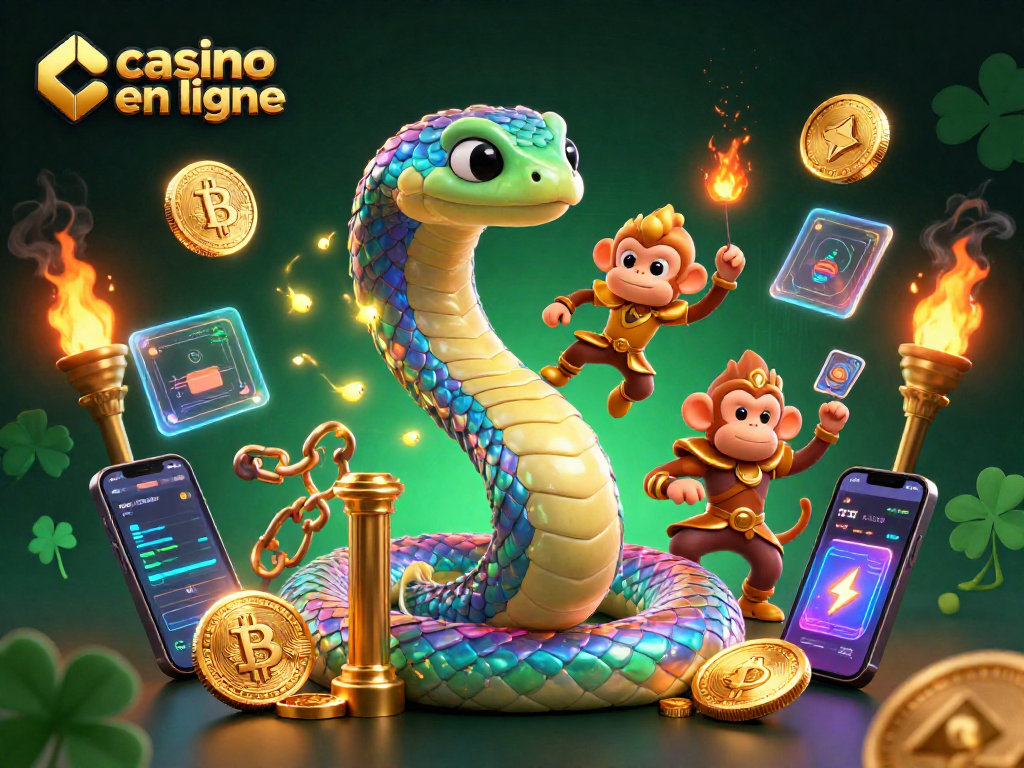 Jouez sur un casino en ligne captivant avec une scène magique de serpent arc-en-ciel et des éléments crypto.